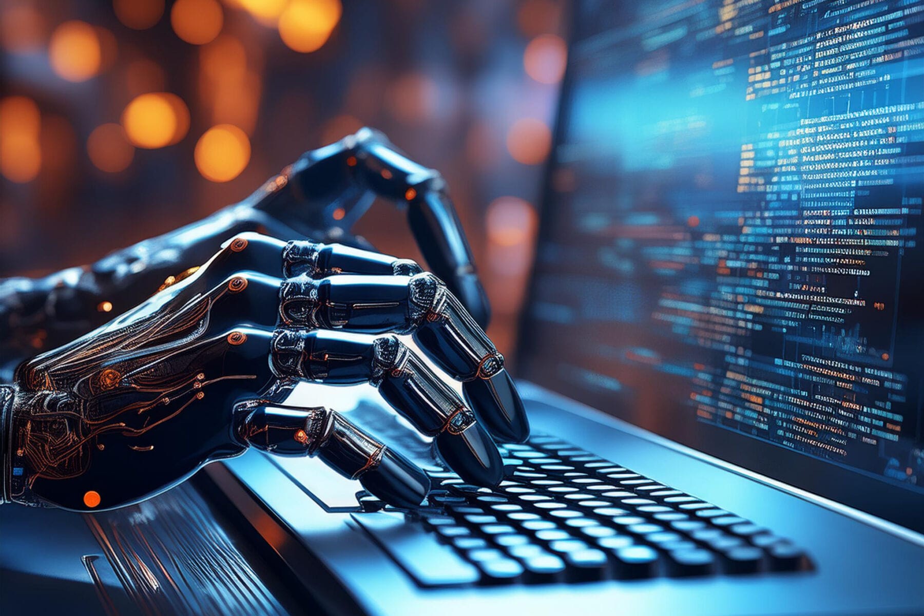 Robot hands typing on a keyboard.
