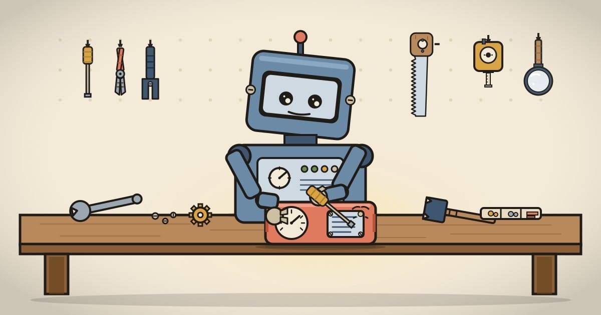 A robot building something at a workbench.