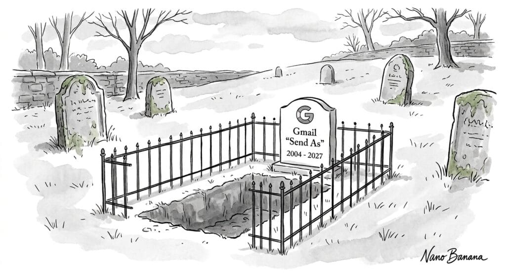 Gravesite with "Gmail "Send As" 2004 - 2027" on the headstone