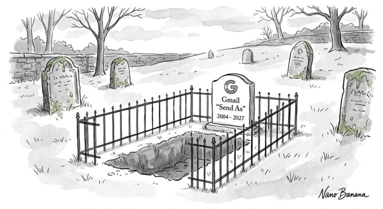 Gravesite with "Gmail "Send As" 2004 - 2027" on the headstone
