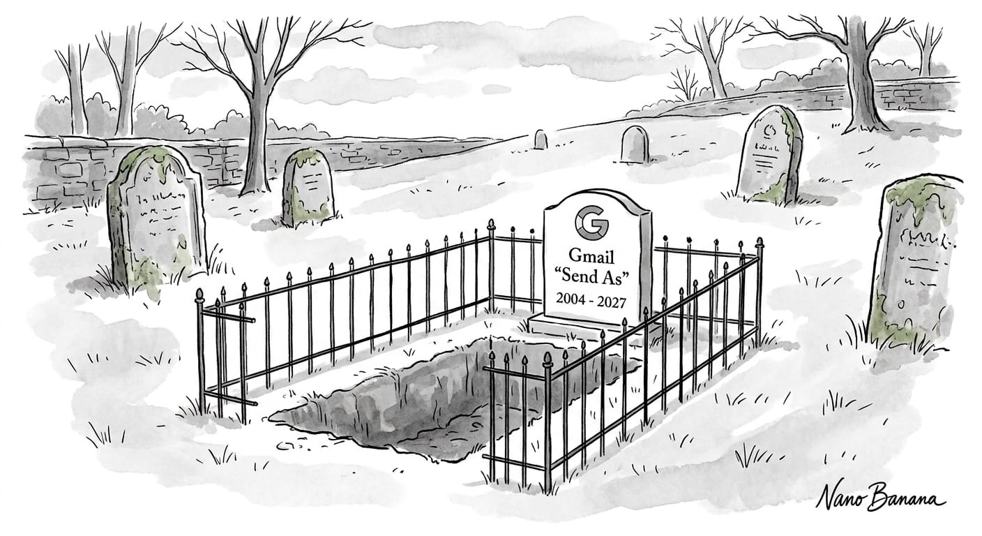 Gravesite with "Gmail "Send As" 2004 - 2027" on the headstone